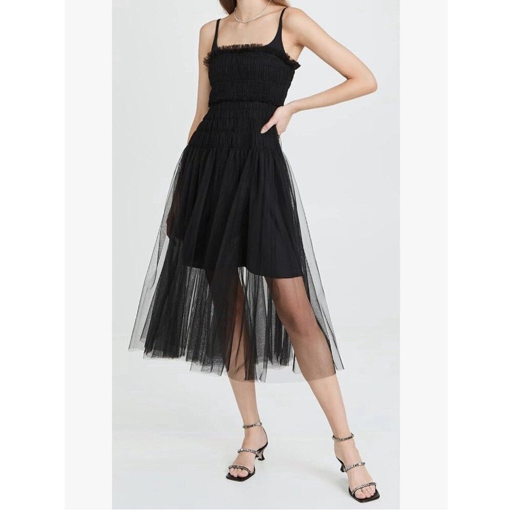 Rebecca Taylor Tulle Sleeveless Midi Dress In Black Size 10 $495 Retail